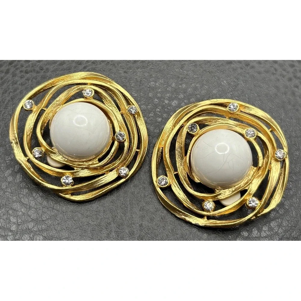 HUGE 80s Rhinestone Abstract Modernist Runway Chunky Statement Clip On Earrings